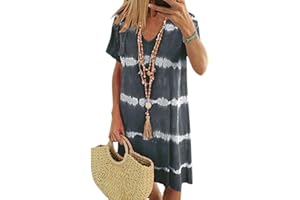 BIUBIULOVE Vestido De Camiseta Suelto De Manga Corta A Rayas Tie-Dye,Vestidos Midi De Manga Corta De Verano para Mujer 2024,Vestidos Midi De Playa con Cuello En V