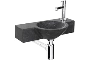 Differnz Teti Lavabo - Lave main Pierre Naturelle Noire - Robinet Droit Chrome - Ensemble Complet - 40 x 23 x 8 cm