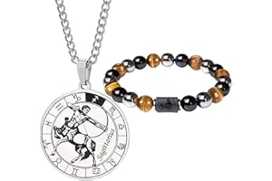 Caimeytie Ensemble collier et bracelet signe du zodiaque pour homme - Collier de constellation - Pendentif en acier inoxydable - Bracelet de perles élastique - Cadeau d'anniversaire