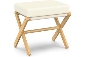 ‎BAMBOOHOMIE BAMBOOHOMIE Makeup Eitelkeit Hocker, Faltbarer Fußhocker mit Bambus X Beinen, Ottoman Fußstütze Stuhl für Vanity, Moderne Fußhocker klein gepolstert für Wohnzimmer (Natürlich - Beige)