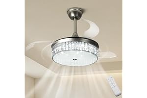 Depuley Retractable Crystal Ceiling Fans with Lights,36 Inch Modern Bladeless LED Ceiling Fan Lights with Remote,Smart Reversible Ceiling Fans with Lamps for Bedroom Living Room, 3000K-6000K,Silver