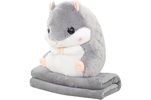 MUZIRI KINOKOO Pluszowa poduszka koc, uroczy chomik, pluszowy koc na telewizor, sofę, do biura, na drzemkę, składany koc, wypchana poduszka, samolot, miękki, pluszowy, zabawkowy, szary