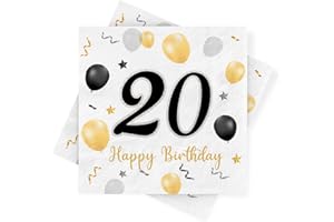 SPRINLOT Servietten 20. Geburtstag, 30 Stück Schwarze Gold Geburtstags Servietten, Happy Birthday 20 Servietten, Milestone 20 Papierservietten, Deko 20. Geburtstag für Mann Frau Jubiläum Tischdekoration