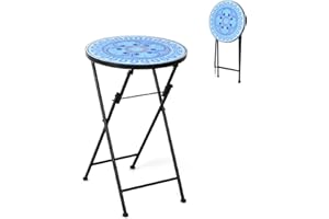 CASART Round Side Table, Folding Mosaic Accent Table Outdoor Dining Tables, Iron Frame Bistro Table Ceramic Tile Coffee Table for Garden Backyard Patio Poolside (Blue Four Leaf Clover)
