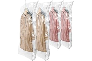 PLLYPE Wiszące ubrania próżniowe, 4 sztuki worków próżniowych do zawieszenia, worki próżniowe na ubrania z haczykami, wielokrotnego użytku, oszczędność miejsca, organizer do szafy na garnitury,