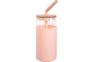 ANOTION Bicchiere in vetro con cannuccia e coperchio, 680,4 g, bottiglia d'acqua in vetro con cannuccia tazza da viaggio con custodia protettiva in silicone, coperchio in bambù, rosa