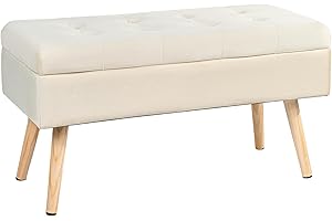 Hawthyhome Storage Ottoman,Storage Bench,with velvet Padded Seat wood Legs Shoe Bench with Cushion for Livingroom Bedroom & Entryway Light Cream 80 × 35 × 43 cm