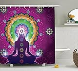 Ambesonne Mandala Decor Collection, Meditating Woman with a Macro Mandala Lotus on Her Head Yoga Theme Chakra Image, Polyester Fabric Bathroom Shower Curtain, 75 Inches Long, Purple Green