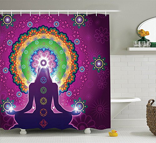Ambesonne Mandala Decor Collection, Meditating Woman with a Macro Mandala Lotus on Her Head Yoga Theme Chakra Image, Polyester Fabric Bathroom Shower Curtain, 75 Inches Long, Purple Green