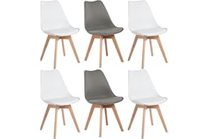 EGGREE Set di 6 Pranzo/Ufficio Sedia con Gambe in Faggio Massiccio, Sedie Senza Braccia Imbottita di Design per Il Massimo Comfort, 2 Grigio + 4 Bianco