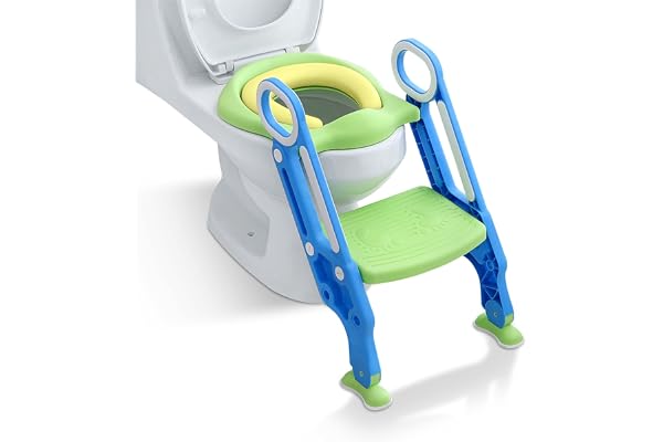LZQ Siège de toilette pour enfant de 1 à 7 ans, avec marches, coussin en polyuréthane et poignées, pot pour enfant avec échelle antidérapante, pliable et réglable en hauteur, vert