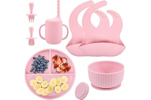 BINSUCA Set Pappa per Bambini Silicone Alimentare,7 Pezzi Set Svezzamento Silicone Piatto con Ventosa Ciotola Cucchiaio Forchetta Bavaglino,Antiscivolo Vassoio Senza BPA Impermeabili Set (Pink)