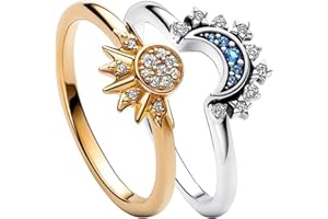 GENERIC Anello da donna sole e luna, brillante insieme anello sovrapposto sole e luna, ideale per le donne, Acciaio inossidabile, Zircone sintetico
