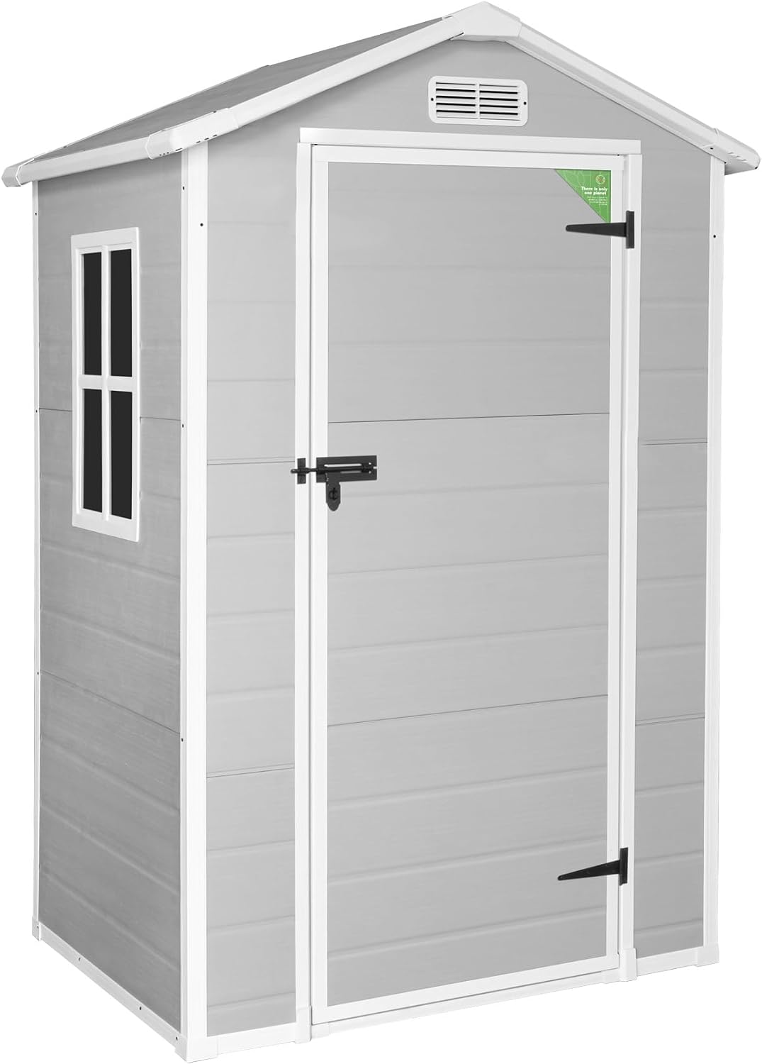 Wasabi - Caseta de Resina Jardín Aqua 1.4 – Ventana Luz Natural – Suelo Incluido - Paneles 12mm de Espesor - Gris Blanco - Cobertizo PVC Almacenaje Exterior - 1,37m2 Techo Dos Aguas