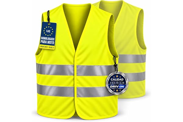 DRIVON Chaleco Reflectante Moto Homologado DGT, Talla Unica Ajustable | Chaleco Reflectante Coche y Chaleco Amarillo Reflectante Alta Visibilidad, EN ISO 20471 Clase 2 Certificado TUV Rheinland