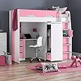 High Sleeper Storage Bed, Happy Beds Pegasus Wood Modern Desk Wardrobe Drawers Cupboards Loft Bunk (3FT - Memory Foam Mattress, Pink and White)