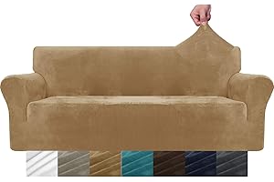 MAXIJIN Thick Velvet Sofa Covers 3 Seater Super Stretch Non Slip Couch Cover for Dogs Cat Pet Friendly 1-Piece Elastic Furniture Protector Plush Sofa Slipcovers (3 Seater, Camel)