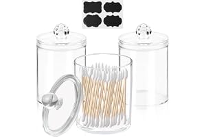 Swpeet Set med 7 delar, 3-pack hållare dispenser för bomullsboll, bomullspinne, runda bomullsdynor 290 ml klar plast apotekarburk set för badrumsbehållare förvaring organisation, sminkförvaring