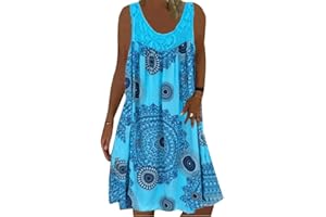 Minetom Dentelle Robe Été Femme de Plage Rétro Robes Col Rond Robes au Genou sans Manches Imprimé Floral Casual Tuniques Ample
