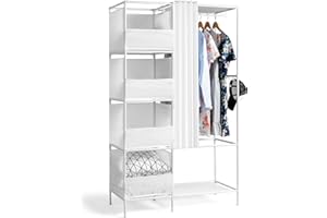 Alightup Armoire de Rangement avec Rideau, Dressing, Armoire Métallique, avec Barres de Suspension, Porte-vêtements, pour Vestiaire, Chambre, 105 x 45 x 170 cm (Blanc, 105 x 45 x 170cm)