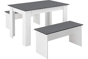 [en.casa] Tisch- und Bank Set 3 teilig Essgruppe für 4 Tisch 110 x 70 cm mit 2 Bänken Tischgruppe Sitzgruppe Weiß/Grau