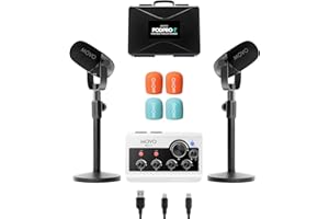 Movo Portable Podcast Equipment Bundle for iPhone/Android Phones- Podcast Kit with Audio Interface, 2 CastMic Dynamic Mics, 2 Table Stands - For Smartphones, Computers, PC, Mac - Lightning, USB, USB-C