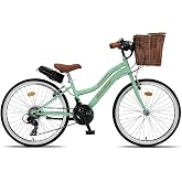 Retro Classic 24 Jant Bisiklet, Shimano 21 Vites, Hasır Sepetli Vintage Şehir Bisikleti, Mint Yeşili