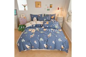 Lunoroey Kids Space Duvet Cover Set 100% Cotton Bedding Single Size Boys Space Rocket Astronaut Print Blue Quilt Cover Comforter Cover Set All Season Use