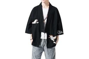 AMBCOL Cardigan kimono japonais ample en coton et lin à manches 3/4 ouvert sur le devant pour homme