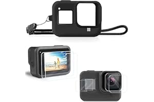 TEKCAM Silicone Protective Case Screen Protector for GoPro Hero 8, Camera Silicone Case Black + 6 Pieces Glass Screen Protector + Lanyard Compatible with GoPro Hero 8, Go Pro Hero 8 Black Accessory