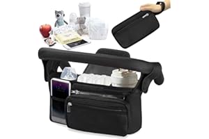 Cartlant Pram Organiser Bag, Baby Buggy Caddy with Cup Phone Holder Universal Pushchair Tidy, Drink Extra Storage Compartment Organisers Disability Stroller Attachment Handle Bags Accessories (Black)