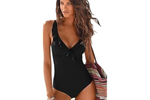 JFAN One-Piece Swimsuit Women V-Neck Ruffle Bathing Suit Tummy Control High Cut Bikini Set