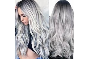 FENGQ Peluca Gris Mujer, Ombre Gris Plata Largo Rizado, Peluca Larga Gris Ombré, Pelucas Largas Grises, Pelo Sintético Natural, Peluca Larga Gris Ombré para Mujer Adecuada para Uso Diario