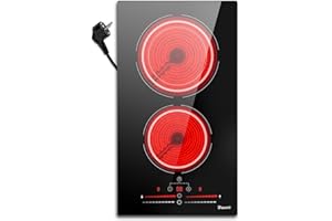 Kochfeld 2 Platten 3200W Mit Stecker, Glaskeramikkochfeld 2 Platten, Herdplatte 2 Kochfelder Einbau Dual-Kochzone, 9-Leistungspegel, Sensor Touch, Timer, Kindersicherung, Disaenvir