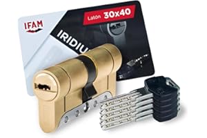 IFAM Cilindro Puertas Iridium, 30x40mm, Leva 15mm, Bombin Cerradura Seguridad, 5 Llaves, Doble Protección Antirotura, Antitaladro y Antiganzúa, Doble Sistema Antibumping, Perfil Europeo, Color Platino