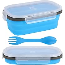 HuangguiyuanV Contenitori pieghevoli per alimenti, a due griglie, in silicone, con coperchio a tenuta stagna e forchetta 2 in 1, per campeggio, escursionismo, viaggi (rosa