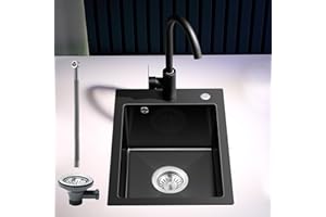 ROVOGO Evier Cuisine en Acier Inox Noir 50 x 35 cm, Kit de Vidage d'évier de Cuisine avec Trop-plein, Évier de Cuisine avec Trous pour Robinet et Distributeur de Savon, Lavabo Cuisine 1 Bac