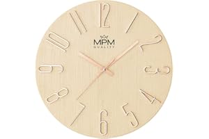 MPM Quality Designerski zegar ścienny, kremowy/złoty, wyświetlacz daty, cyfry 3D, precyzyjny mechanizm kwarcowy, Ø 305 mm, nowoczesna dekoracja ścienna do salonu, sypialni lub biura
