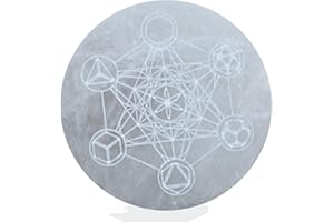 Amazing Gemstone Plaque de charge en sélénite pour cristaux et pierres de guérison, 4.3". Plaque rond en cristal sélénite gravée Metatron Cube Platonic Sous-verre pour décoration de table de bureau