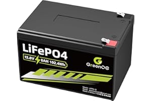 GREENOE 12V LiFePO4-Batterie mit eingebautem 10A BMS, 3000+ Deep-Cycle-Lithiumbatterie, 10 Jahre Lebensdauer, einsetzbar für Solaranlage, Antriebsräder, Fischfinder, Outdoor-Camping, Roller (12V8AH)