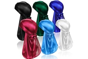 TSKNOMO Pack of 6 Silk Men Durag, Pack Durags Do Rags with Long Tail and Wide Straps for Men Women, 6 Colours