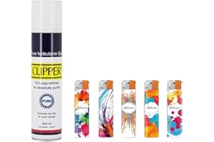 Clipper Gas Encendedor - 300ml - Pure Isobutano mas 5 Mecheros Electronicos Recargables y Ajustables de Llama de Varios Dibujos al Azar de Regalo Juego Exclusivo para DISPAU.