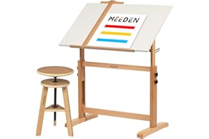 MEEDEN White Drafting Table & Stool set: 35.5" x 23.5" Beech Wood Height Adjustable Art Desk with Pencil Ledge and Ruler - Large Tilting Drawing Tables for Adult Artist Painting Studio Artwork