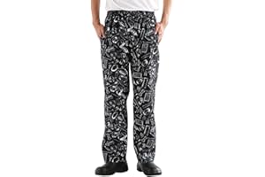 NIDEEN Men's and Women's Baggy Printed Chef Trousers Kitchen Uniforms with Elastic Waist Floral Restaurant Work Pants