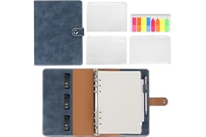 Femolity Leather A5 Ring Binder Notebook, 6 Ring A5 Binder with A5 Refill Papers, Binder Pockets and PVC Sticky Notes, Travel Binder Journal Personal Planner with Ring Binder Navy Blue