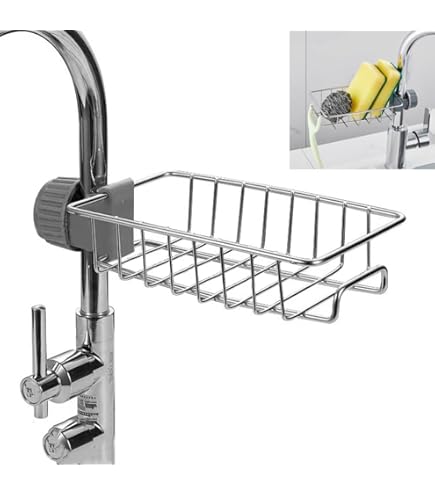 GCFTIFF Kraan opbergrek, hangende spoelbakorganizer, roestvrij staal, sponshouder met afneembare lekbak voor keuken en badkamer (zwart, links