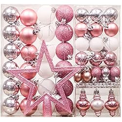 Valery Madelyn 60 pcs Bolas de Navidad, Rosa Plata Blanco, 30-155mm, plástico con Topper de árbol Estrella decoración de Navidad Rosa Cordón del árbol Collar de Perlas y suspensión decoración