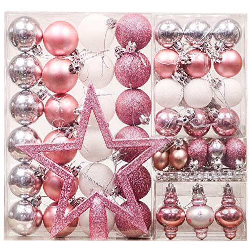 Valery Madelyn 60 pcs Bolas de Navidad, Rosa Plata Blanco, 30-155mm, plástico con Topper de árbol Estrella decoración de Navidad Rosa Cordón del árbol Collar de Perlas y suspensión decoración