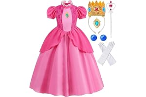JUSTADIL Princess Peach Costume Girls - Complete with Crown, Wand, Earrings ＆ Gloves - Halloween Costumes for Kids