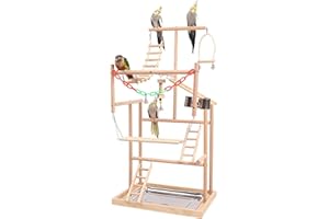 AFGSsm Giochi pappagalli, Trespolo pappagallo, Terreno di Gioco per Pappagalli in Legno Supporto per Uccelli con Scala(48 * 33,5 * 94,5CM)